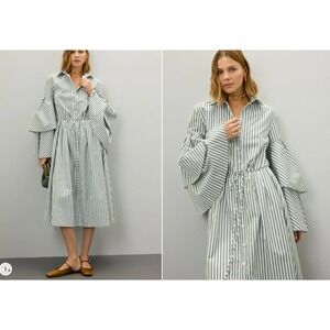 Rosie Assoulin Fiesta Dress Ruffled Sleeves Green White Striped Size 8 *FLAW*